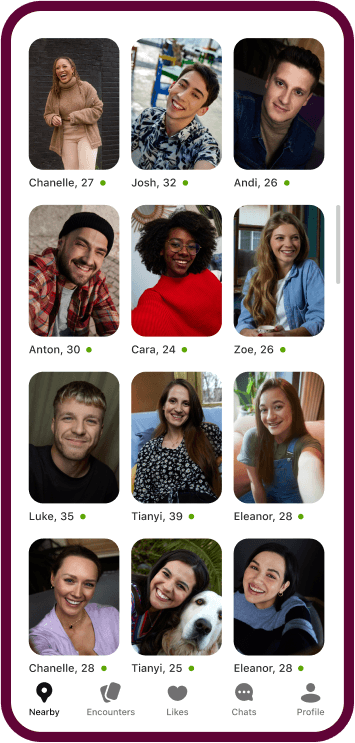 The Badoo app showing a grid of different women's profiles.